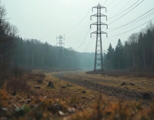 Power pylons stand tall in a misty forest clearing. Transmission lines stretch across the hazy sky above a dirt road winding through bare trees. Rural landscape connects industry to nature.