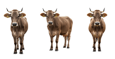 Brown Swiss cow isolated on white background, solid brown dairy cattle portrait, farm livestock animal standing, purebred Brown Swiss breed cutout, premium dairy cow image for agriculture use