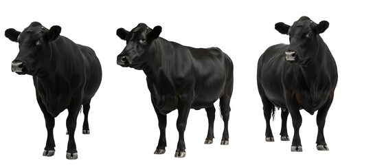 Angus cow isolated on white background, solid black beef cattle portrait, farm livestock animal standing, purebred Angus breed cutout, premium quality cow image for agriculture and ranch use