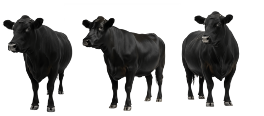 Angus cow isolated on white background, solid black beef cattle portrait, farm livestock animal standing, purebred Angus breed cutout, premium quality cow image for agriculture and ranch use