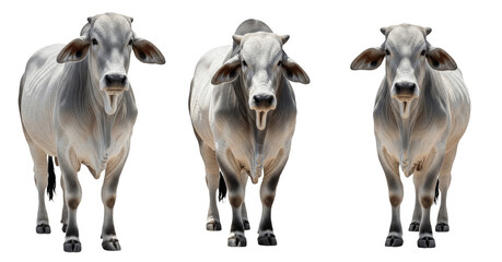 Brahman cow isolated on white background, grey humped beef cattle portrait, tropical livestock...