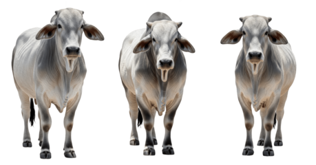 Brahman cow isolated on white background, grey humped beef cattle portrait, tropical livestock standing, purebred Brahman breed cutout, high-quality agricultural and ranch cow image