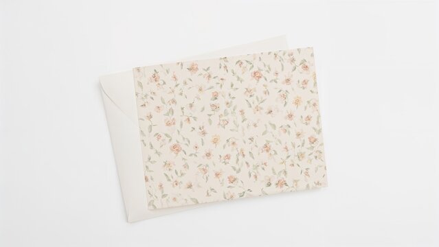 A floral patterned greeting card with a matching envelope, arranged on a white background.