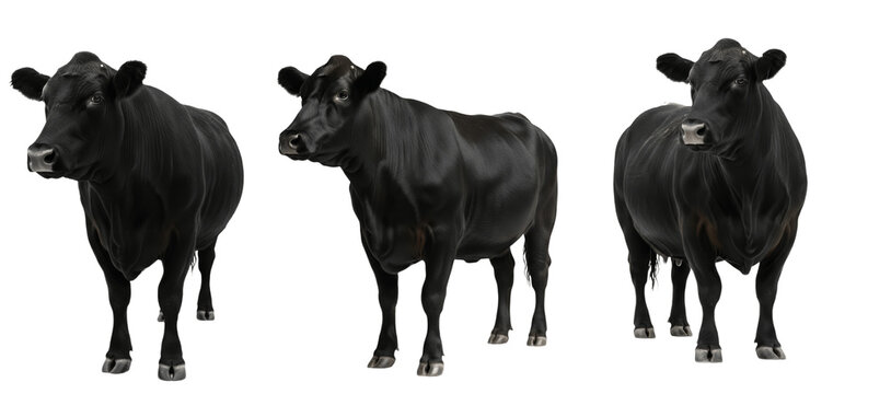 Angus cow isolated on white background, solid black beef cattle portrait, farm livestock animal standing, purebred Angus breed cutout, premium quality cow image for agriculture and ranch use