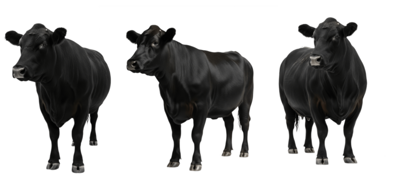 Angus cow isolated on white background, solid black beef cattle portrait, farm livestock animal standing, purebred Angus breed cutout, premium quality cow image for agriculture and ranch use