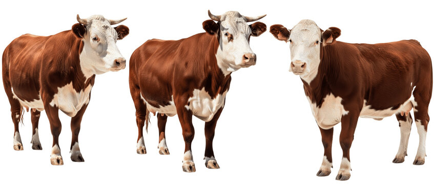 Hereford cow isolated on white background, red and white beef cattle portrait, farm livestock animal standing, purebred Hereford breed cutout, high-quality cow image for agriculture and ranch use