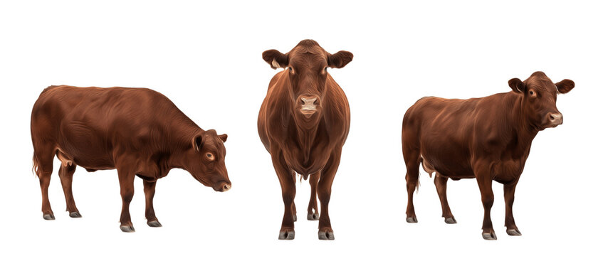 Red Poll cow isolated on white background, solid red dairy cattle portrait, farm livestock animal standing, purebred Red Poll breed cutout, high-quality cow image for agriculture and dairy use