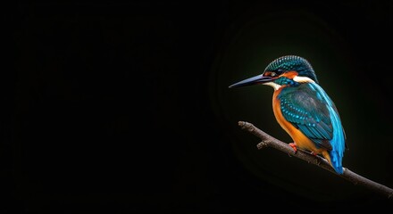 Stunning close-up of a vibrant kingfisher perched on a branch against a dark, atmospheric background, showcasing its iridescent plumage in exquisite detail
