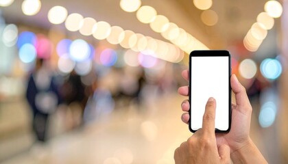 Person uses smartphone in busy shopping mall