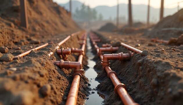 Copper pipes and brass fittings are laid in trench on construction site. Plumbing installation is underway for water supply system construction. Groundwork and excavation for pipeline are visible.