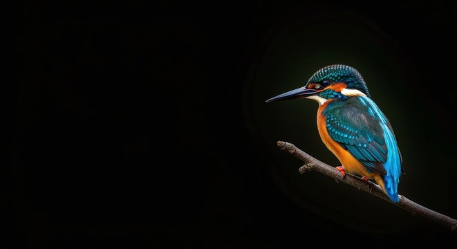 Stunning close-up of a vibrant kingfisher perched on a branch against a dark, atmospheric background, showcasing its iridescent plumage in exquisite detail