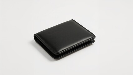 A black leather wallet placed on a white surface.