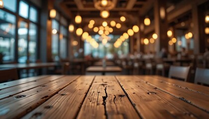 Cozy Wooden Table with Bokeh Lights in a Restaurant Interior Setting, Perfect for Food Photography and Ambiance
