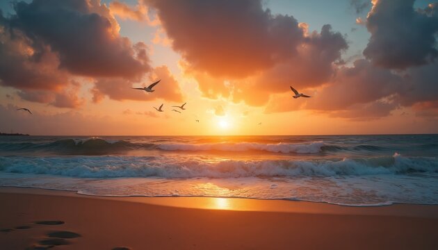 Ocean waves crash on sandy beach at fiery sunset. Birds fly over the sea under dramatic clouds. Golden sun reflects on wet sand and water surface creating tranquil scene. - Powered by Adobe