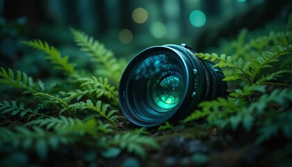 A professional camera lens rests amidst lush green ferns and foliage, capturing the vibrant essence of nature's beauty and the art of photography