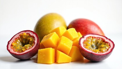 Photo of fresh mango cubes and passion fruit halves on white. Tropical fruit composition perfect for healthy eating. Vibrant colors for food blog posts recipe books or ads.