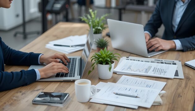 Modern business team collaborating on laptops with data charts in bright office, strategizing for success and growth, professional workspace atmosphere
