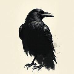 Fototapeta premium Artistic crow illustration in black ink style. Detailed bird portrait features sharp focus on dark feathers, piercing eye, strong beak against soft, light background with subtle ink splashes. Elegant