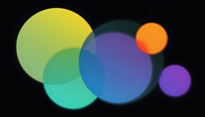 Dynamic arrangement of ethereal colorful circles overlapping with transparent effect on a dark background