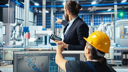 Manager instructs solar panels plant employee on how to use CAD software to optimize layouts. Photovoltaics factory supervisor teaches worker how to do arrangements for maximum energy output, camera A