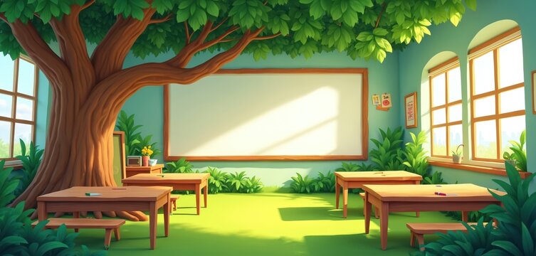 Whimsical classroom inside giant tree. Wooden desks, whiteboard, plants fill space. Large windows show sunny outdoor nature. Bright, happy learning environment.