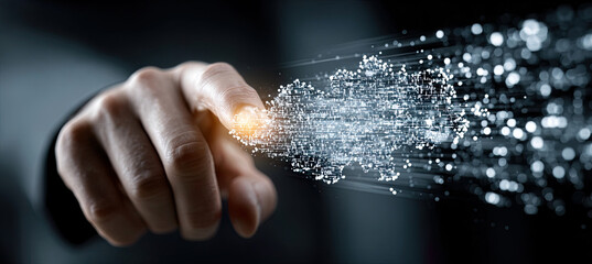 Hand touching puzzle data connection forming digital network. Generated with ia