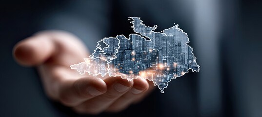 Hand holding germany city map hologram technology. Generated with ia