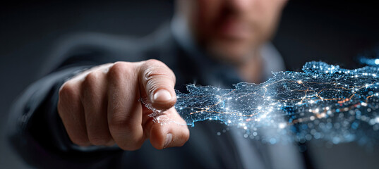 Businessman touching global network map with finger. Generated with ia