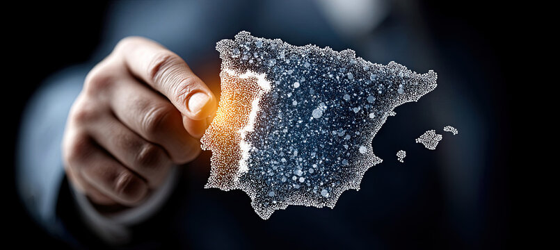 Hand touching iberian peninsula digital map network connection. Generated with ia