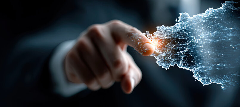Businessman touching glowing network creating digital future. Generated with ia