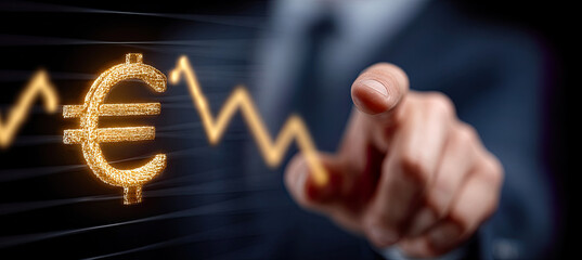 Businessman hand touching falling euro currency chart. Generated with ia