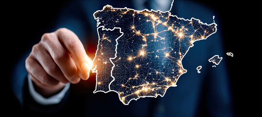 Hand touching iberian peninsula map and global network. Generated with ia