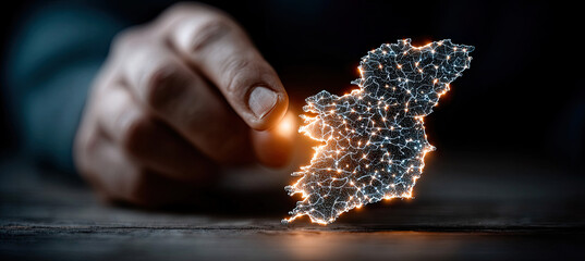 Hand interacting with glowing ireland digital network map. Generated with ia