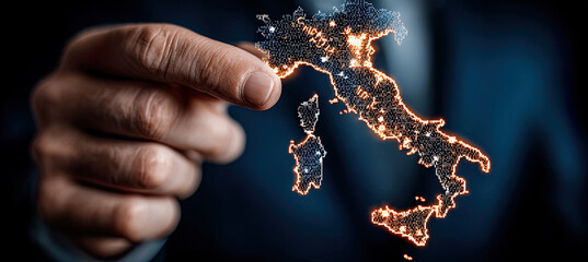 Hand holding glowing digital italy map showing connection. Generated with ia