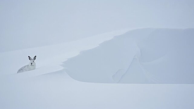 A white arctic hare with distinctive black-tipped ears sits calmly on a pristine snow-covered winter landscape, blending into soft snowdrifts.