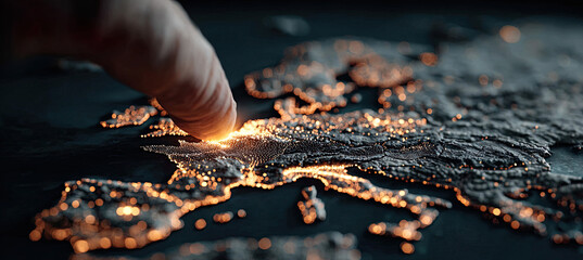Human finger touching glowing digital europe map. Generated with ia