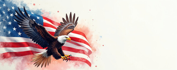 Eagle flies across American flag in watercolor style. Symbols of freedom patriotism liberty independence and national pride are shown. Image for design.