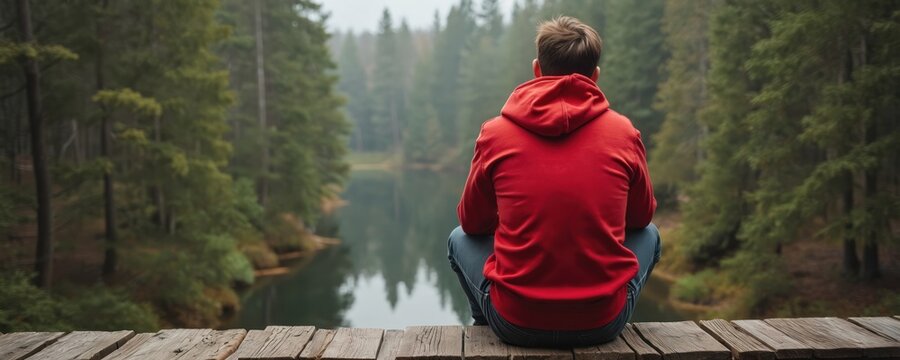 Young man in red hoodie sits cross legged on wooden pier by lake in forest. He looks out at water. Trees and fog surround him. He appears thoughtful or sad.