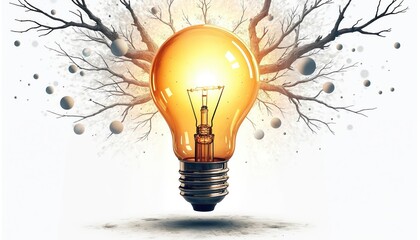 Glowing light bulb radiates bright light. Bare tree branches with small spheres emerge behind. Concept of innovation, creativity, and new ideas blooming.