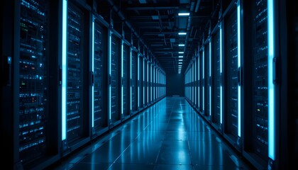Long corridor in a high-tech data center, illuminated by vibrant blue lights reflecting off server racks, symbolizing secure cloud computing and digital information technology