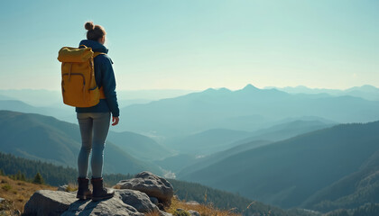 Back view hiker with backpack stands on rock, observes mountain layers, valleys. Woman enjoys vast landscape, clear sky, explores nature, reaches summit.