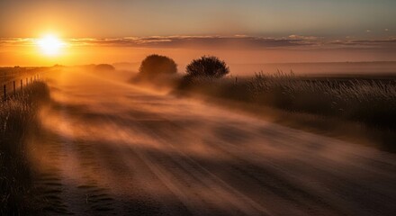Obraz premium Golden Sunrise Over Misty Landscape with Silhouetted Trees and Atmospheric Haze.