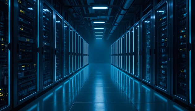 Immersive View of a Modern Data Center Corridor Illuminated by Striking Blue Light, Symbolizing Advanced Computing and Network Infrastructure