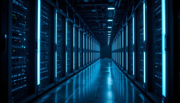 Long corridor in a high-tech data center, illuminated by vibrant blue lights reflecting off server racks, symbolizing secure cloud computing and digital information technology