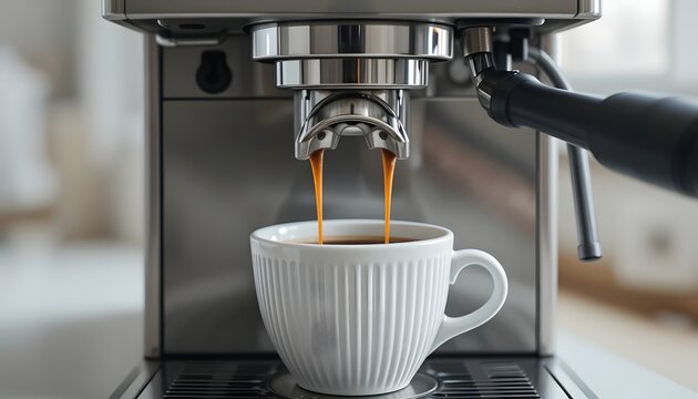 Freshly brewed espresso pouring from a modern coffee machine into a ribbed white mug, highlighting the aromatic start to a morning routine and everyday indulgence