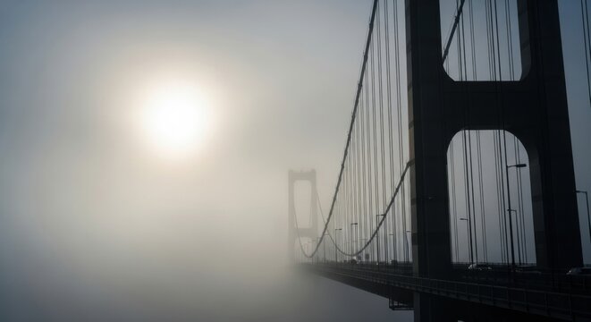Golden Gate Bridge in Foggy Morning Sunlight.