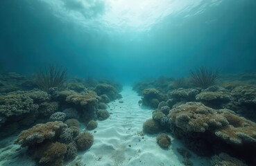 Naklejka premium Underwater view of sandy seabed path between damaged coral formations. Sun rays pierce turquoise ocean water, illuminating marine ecosystem. Bleached reef shows environmental impact, conservation