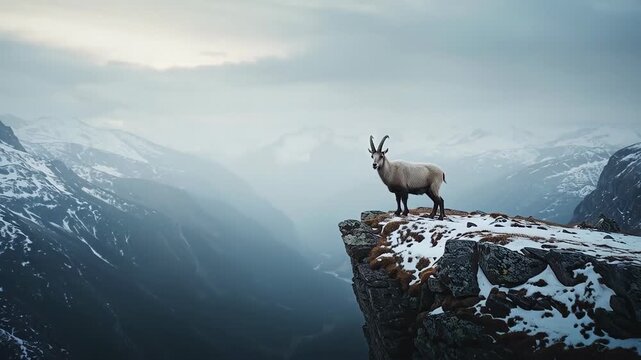 A majestic mountain goat stands proudly on a snowy, rocky cliff edge, overlooking a vast, dramatic valley with snow-capped peaks under an overcast sky.