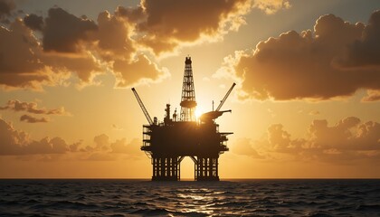 Magnificent sunset over ocean with offshore oil rig, symbolizing energy production and industrial power with a touch of environmental concern
