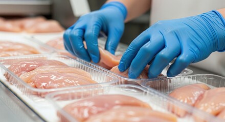 Food manufacturing concept: Close-up of worker hands in blue safety gloves packing fresh raw chicken fillets into trays on a conveyor belt